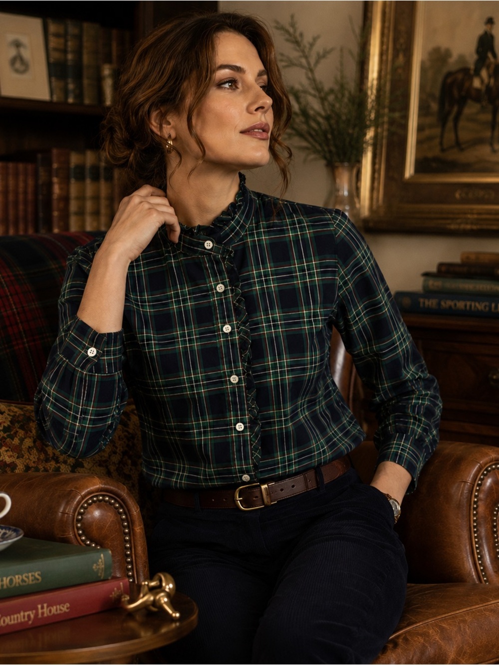 Talbots Petites 10P Plaid Ruffle Front Blouse Green Navy Tartan Cotton Preppy